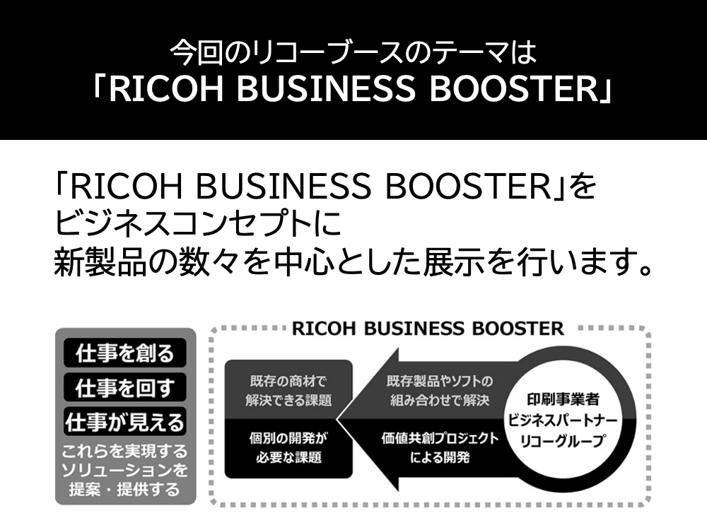 今回のリコーブースのテーマは「RICOH BUSINESS BOOSTER」